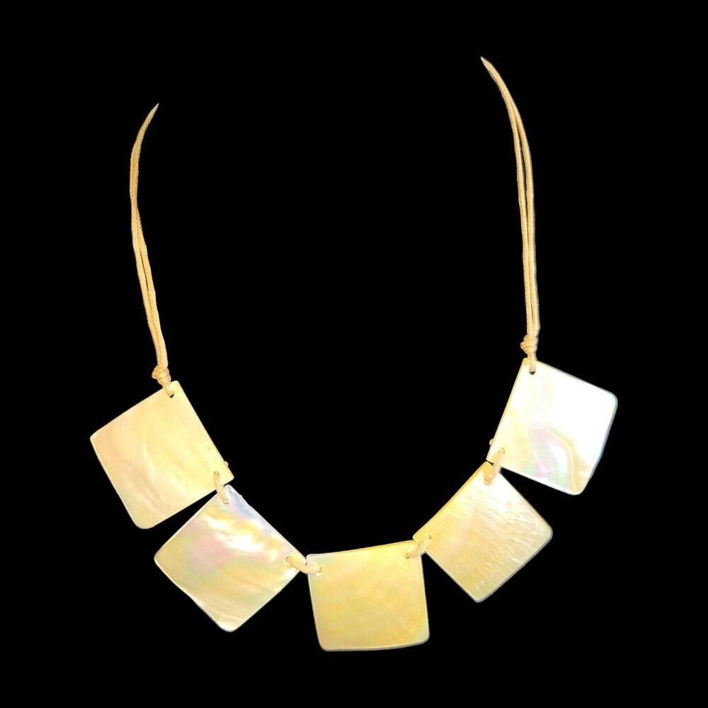 Vintage Boho Shell Mother‎ of Pearl Tan Leather Geometric Necklace 17"